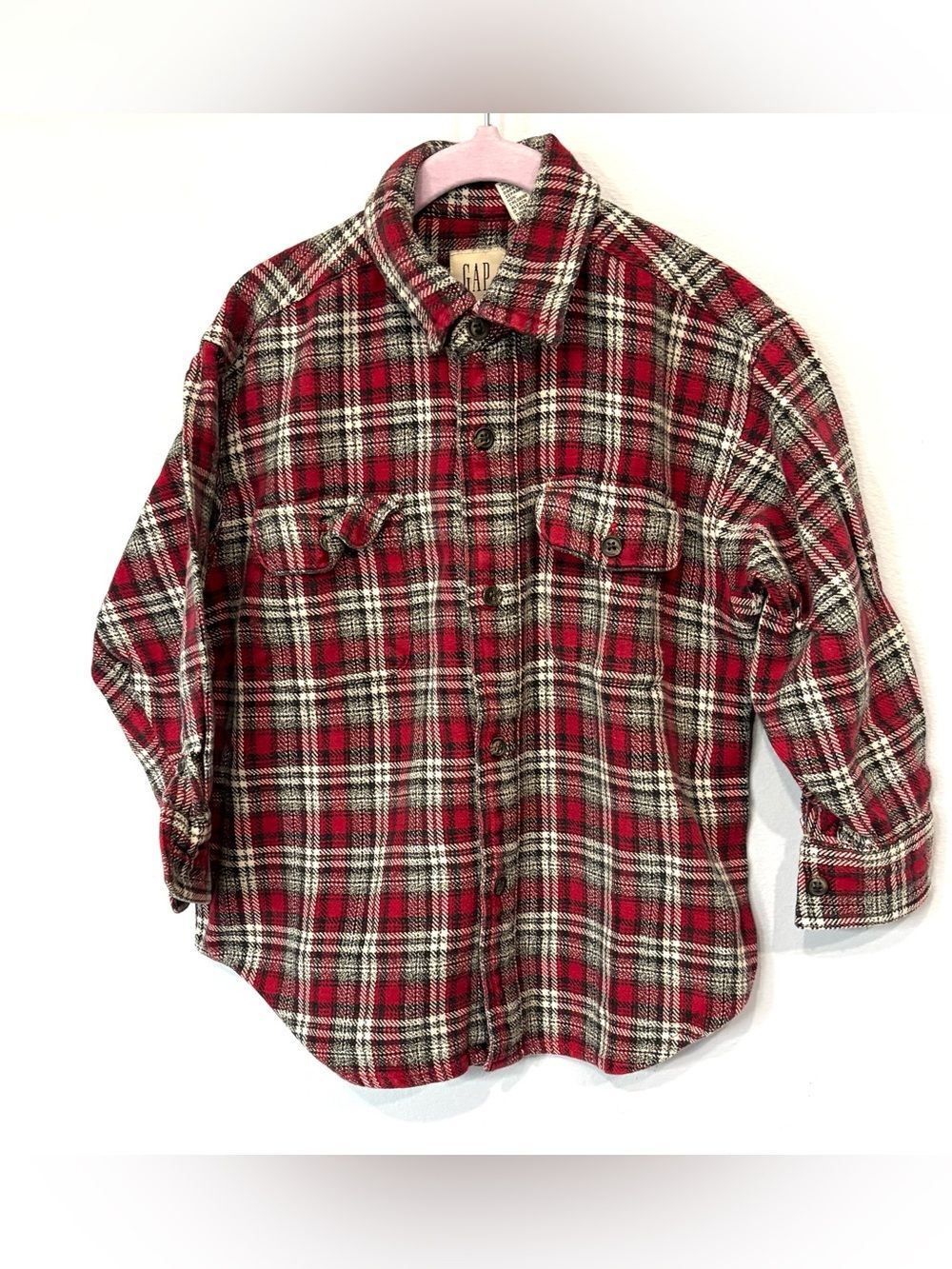 GAP Kids Red Grey Plaid 100% Cotton Button-Down Shirt Flannel Boys Size XS 3-4